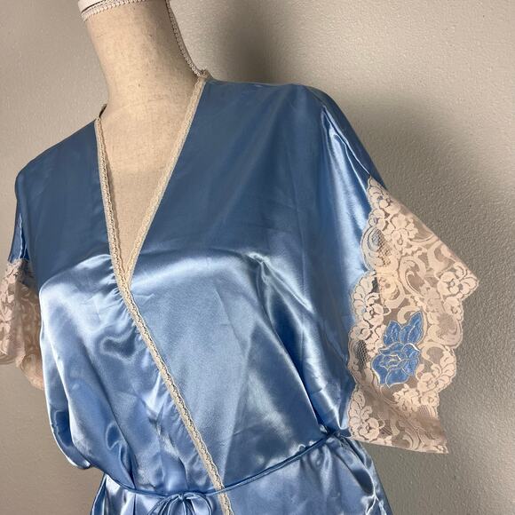 Vintage Wendy Ann Blue Satin Lace Trim Robe Kimono Wrap Dress Loungewear Large - Picture 2 of 8